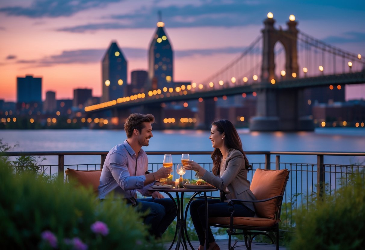 A young couple enjoying a romantic outdoor dinner with the Cincinnati skyline and Roebling Suspension Bridge in the background at dusk.