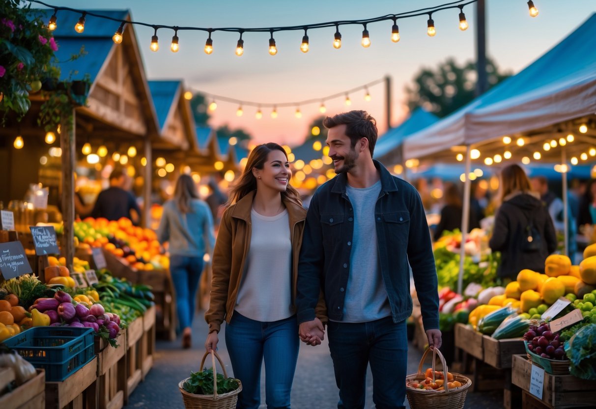 A young couple walking hand in hand through a local farmers market with colorful produce and string lights overhead.