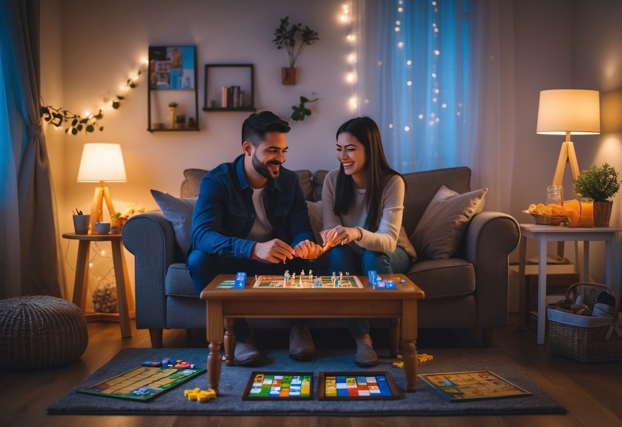 A couple sitting on a sofa playing board games at a small table in a cozy living room decorated for a game night.