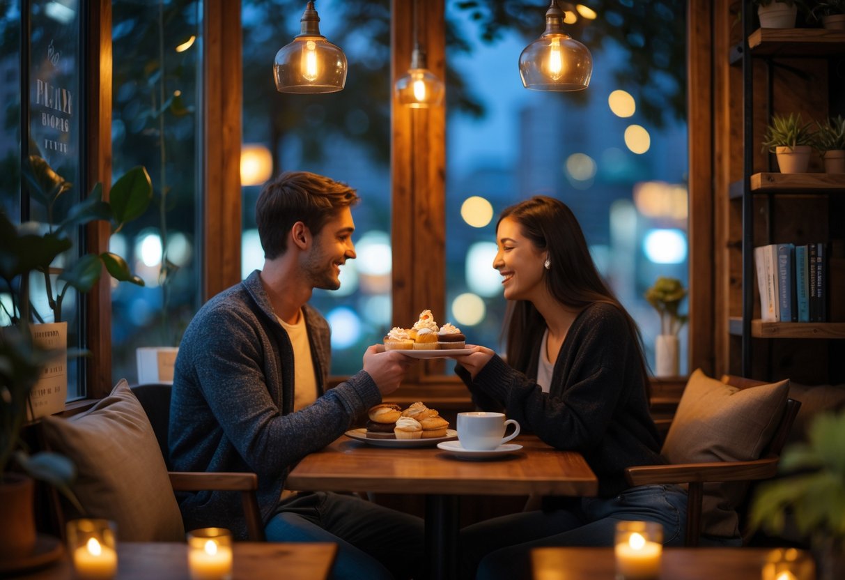 A young couple enjoying dessert together at a small table inside a cozy coffee shop.