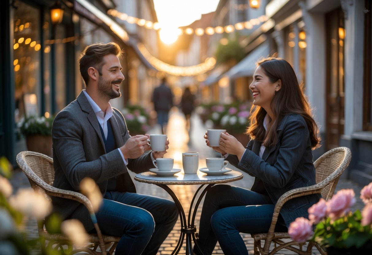 A smiling couple enjoying coffee together at an outdoor cafe table on a city street during sunset.