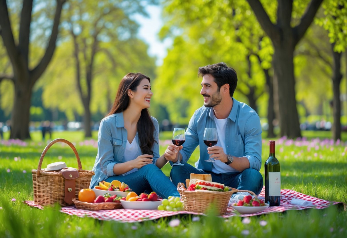 A young couple having a picnic together on a blanket in a green park surrounded by trees and flowers.