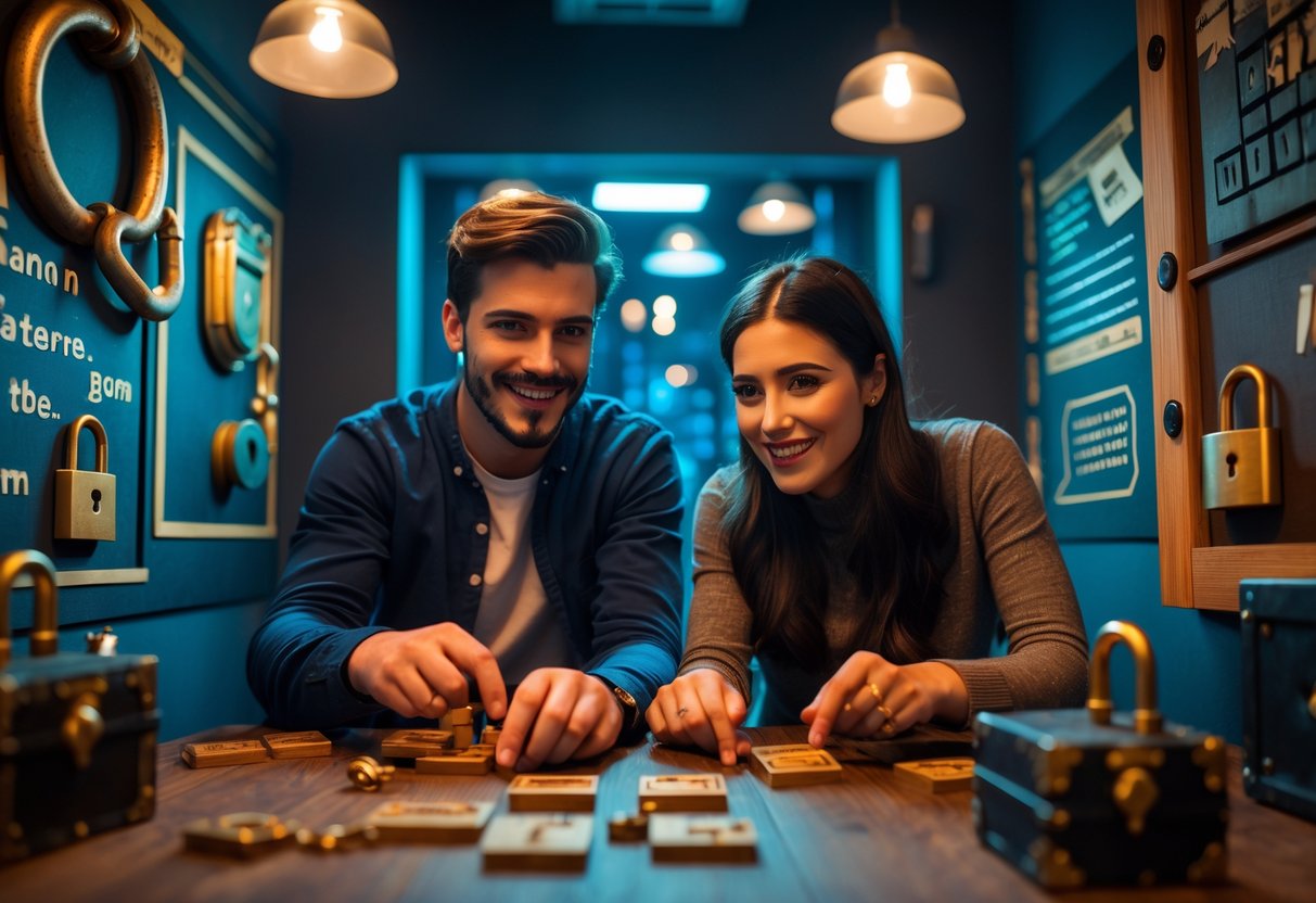 A young couple working together to solve puzzles in an escape room challenge.