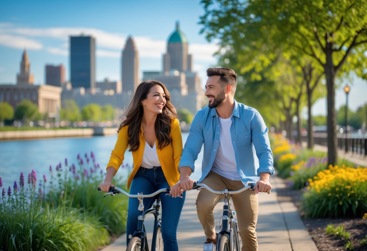 A couple enjoying a date outdoors near the Buffalo waterfront with the city skyline in the background.