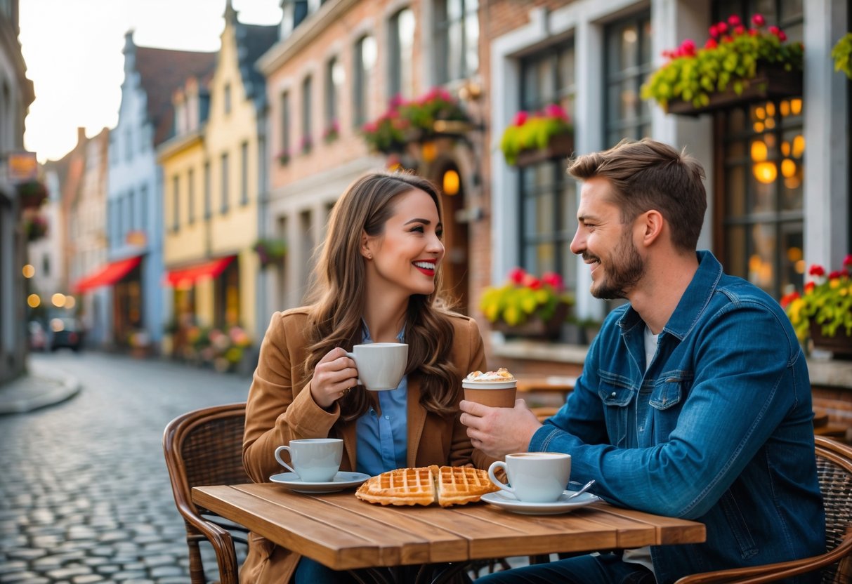 A couple sitting at an outdoor café table in Belgium, enjoying coffee and waffles with historic buildings and cobblestone streets in the background.
