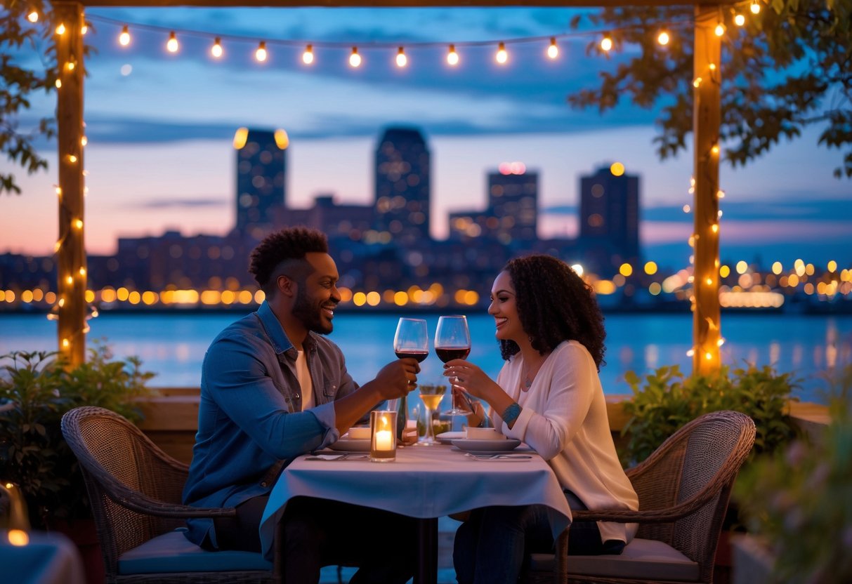A couple enjoying a romantic outdoor dinner in Buffalo, New York, with the city skyline and waterfront visible at twilight.