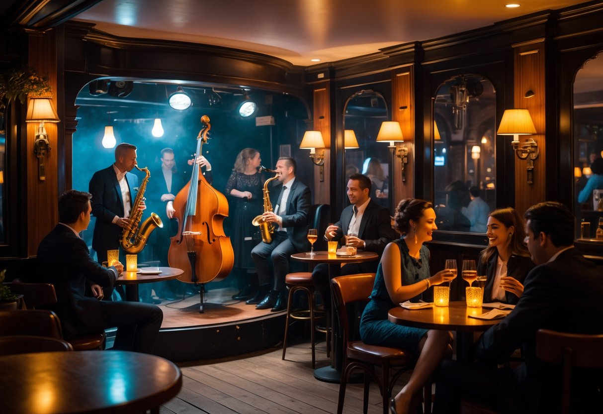 A cozy jazz bar interior with a live band playing and couples enjoying drinks at tables.