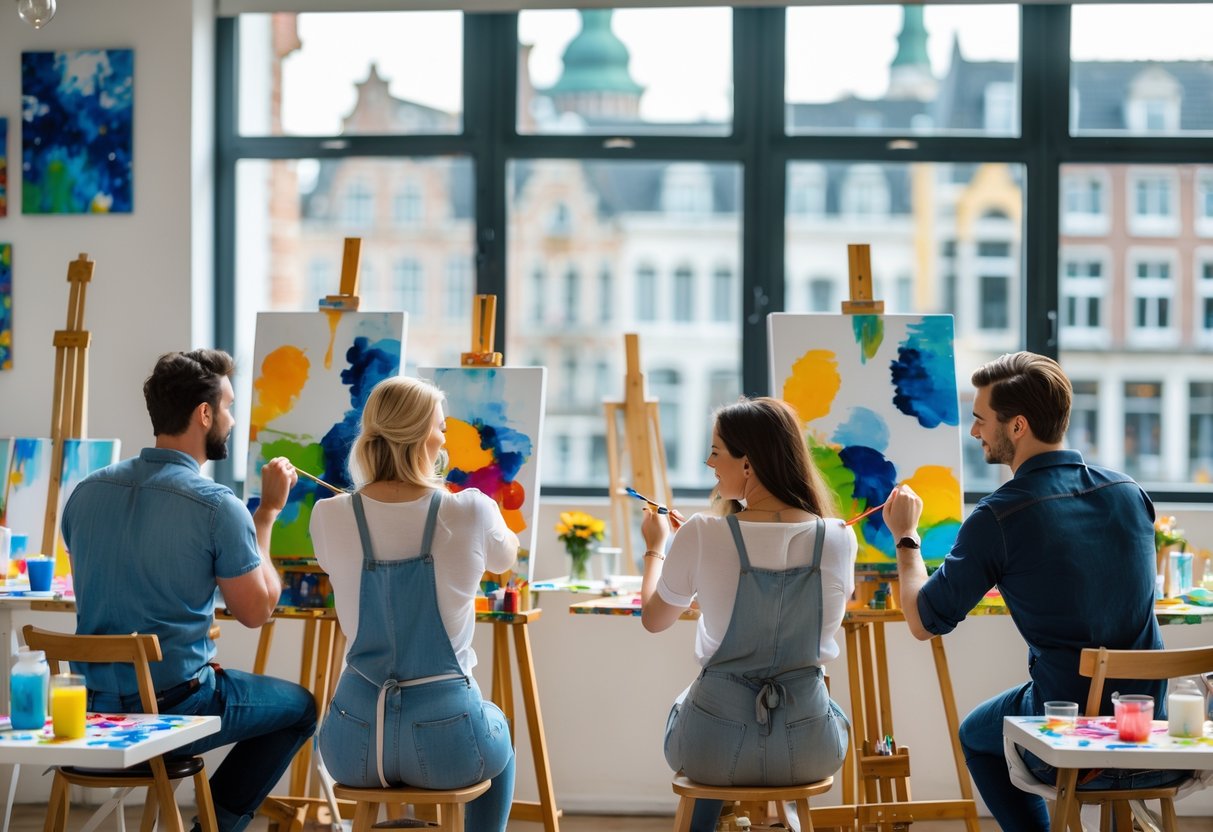 Couples participating in a painting class together in a bright art studio with large windows and views of a city outside.