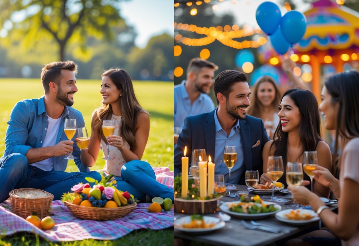Couples and friends celebrating birthdays with a picnic, romantic dinner, and amusement park rides outdoors.