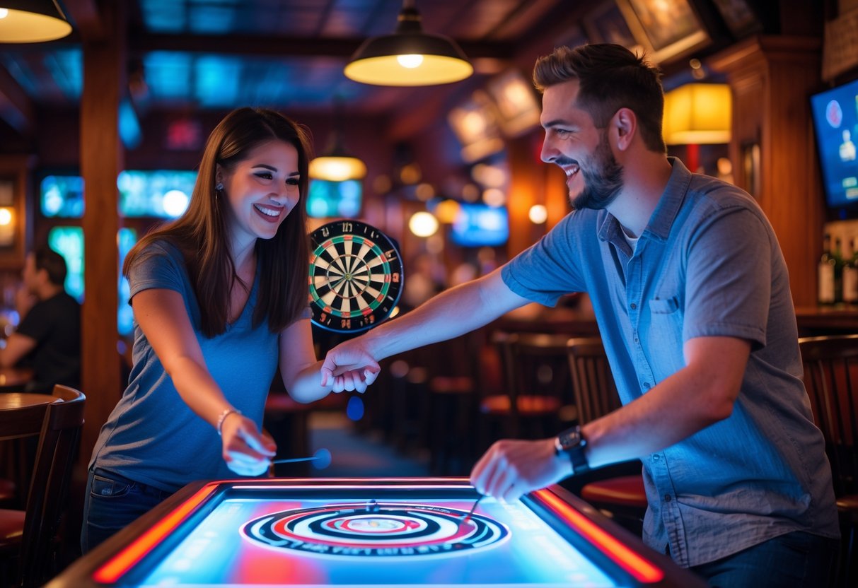 A young couple playing electronic darts together inside a cozy pub.