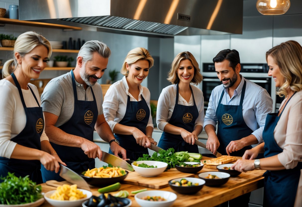 A group of adults cooking and preparing Belgian dishes together in a modern kitchen.
