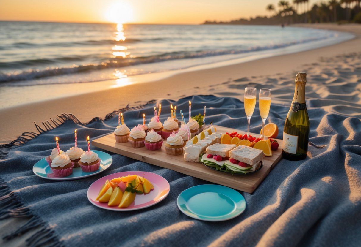 A picnic setup on a beach at sunset with homemade treats arranged on a blanket near the water.