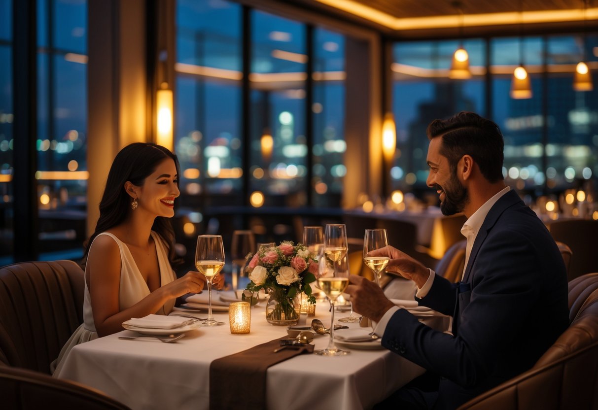 A couple having a romantic dinner at a stylish restaurant with a city view at night.