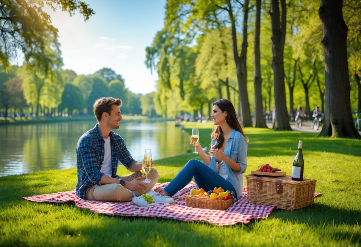 A young couple having a picnic on a blanket near a lake in a green park with trees and people walking in the background.