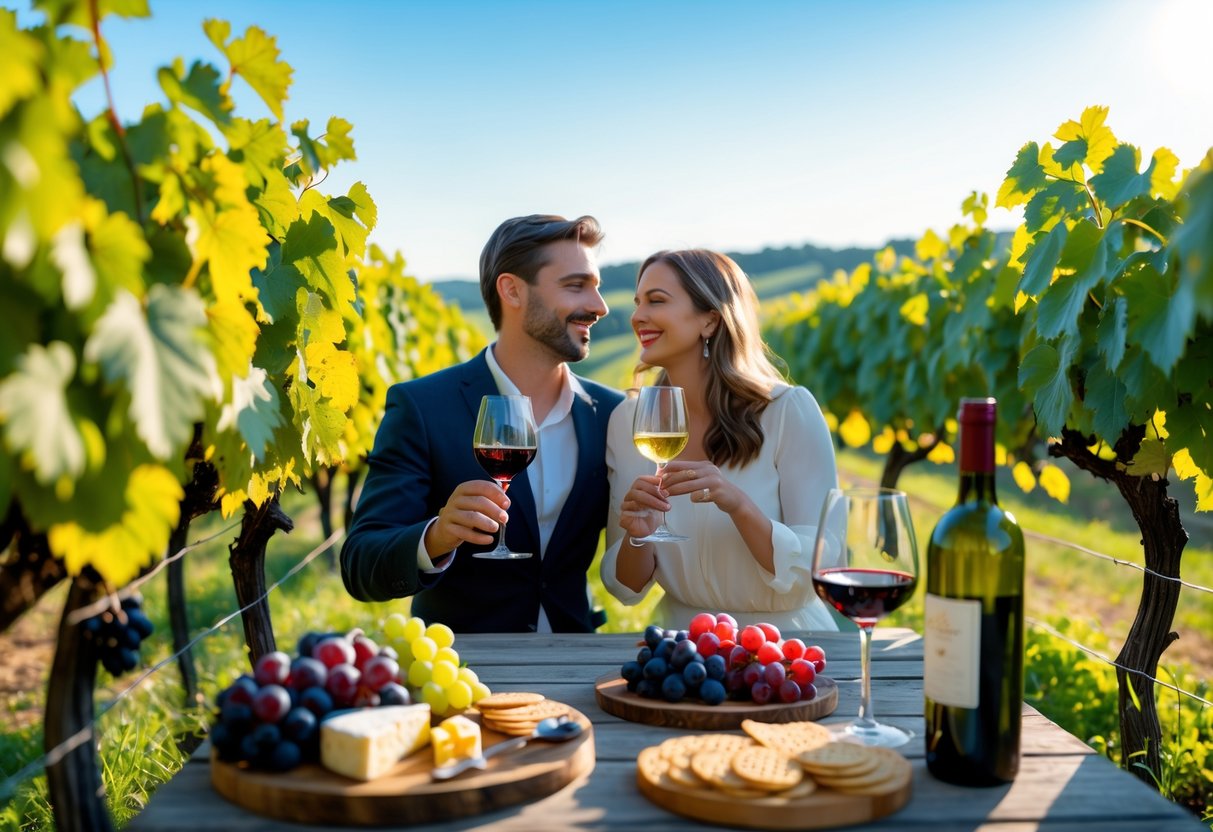 A couple tasting wine together at an outdoor vineyard with grapevines and a table with wine bottles and cheese.