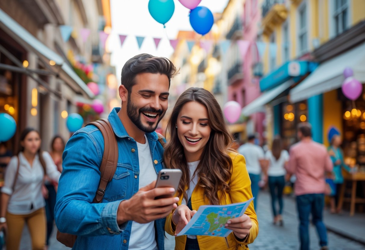 A happy couple exploring a busy city street together, looking at a smartphone and a map during a surprise scavenger hunt.