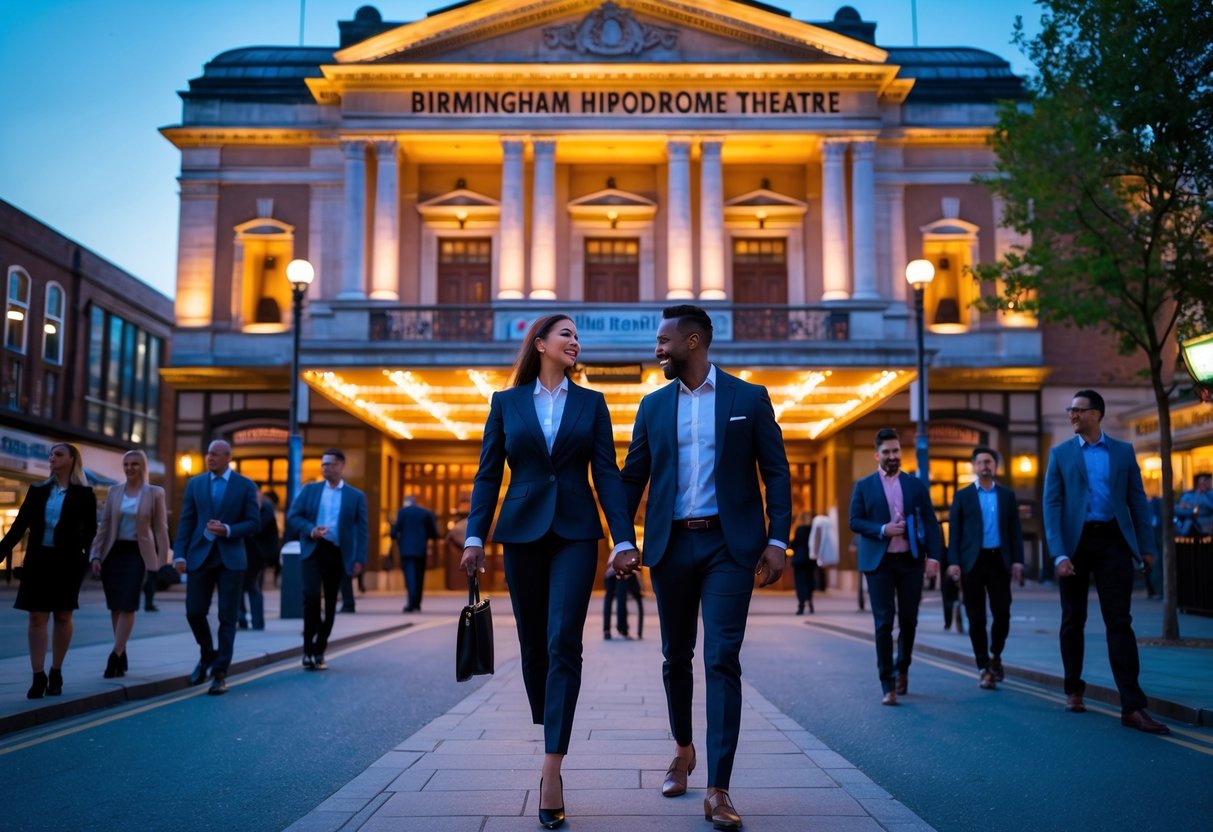 A couple walking hand in hand towards the illuminated entrance of the Birmingham Hippodrome theatre in the evening.