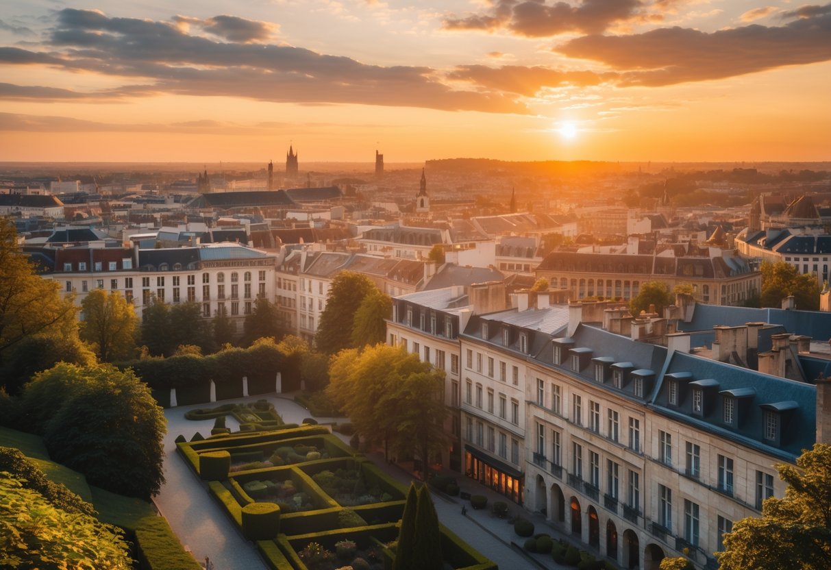 Sunset view over Mont des Arts in Belgium with historic buildings and gardens under a colorful sky.