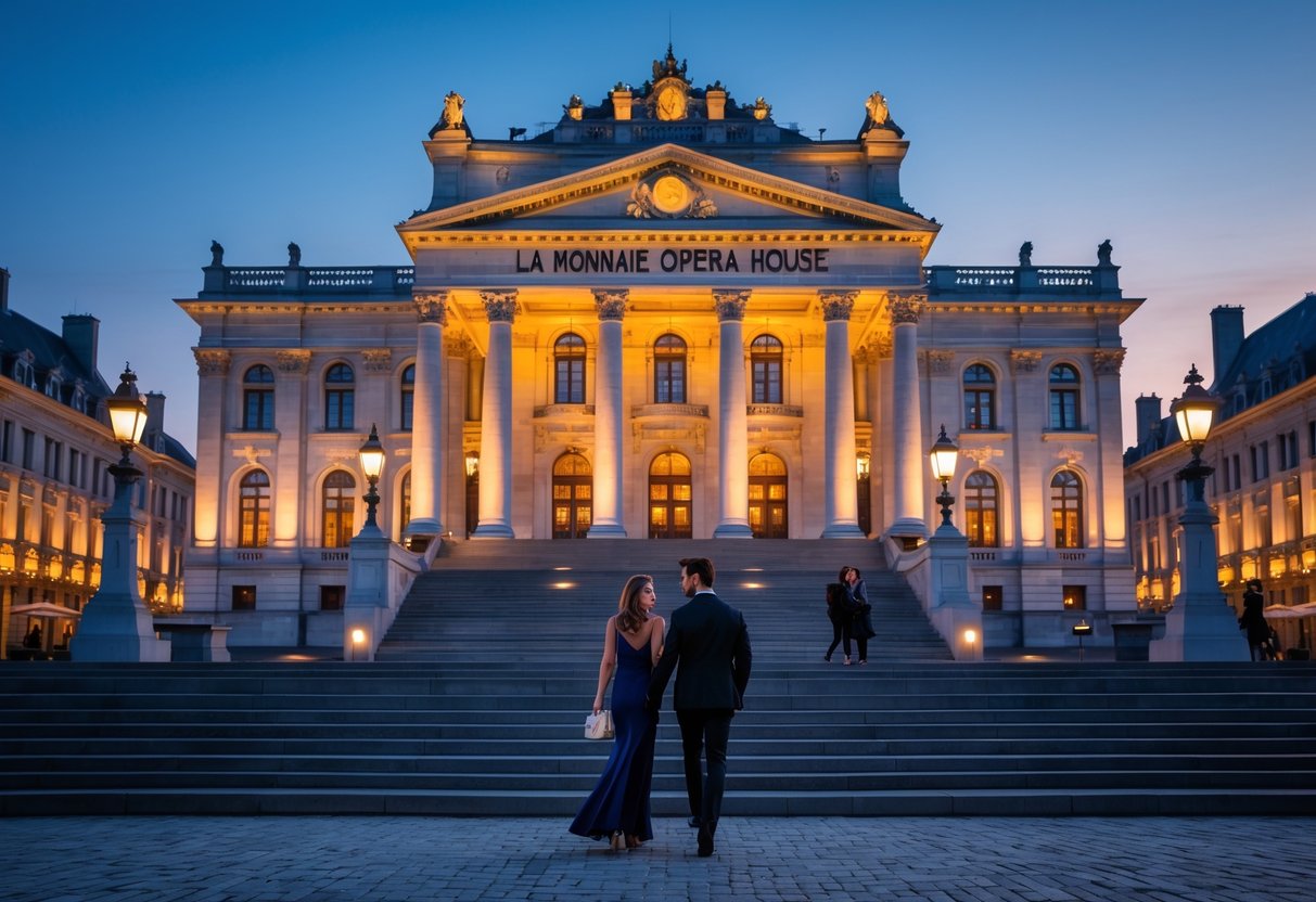 Evening view of La Monnaie Opera House with a couple walking hand-in-hand on the steps under warm lights.