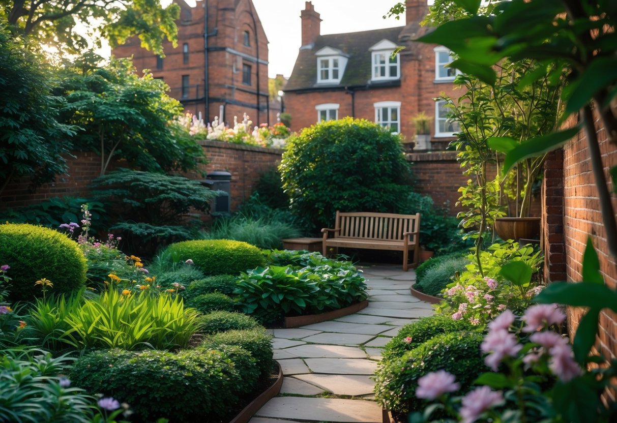 A peaceful secret garden with flowering plants, a wooden bench, and historic brick buildings in the background.