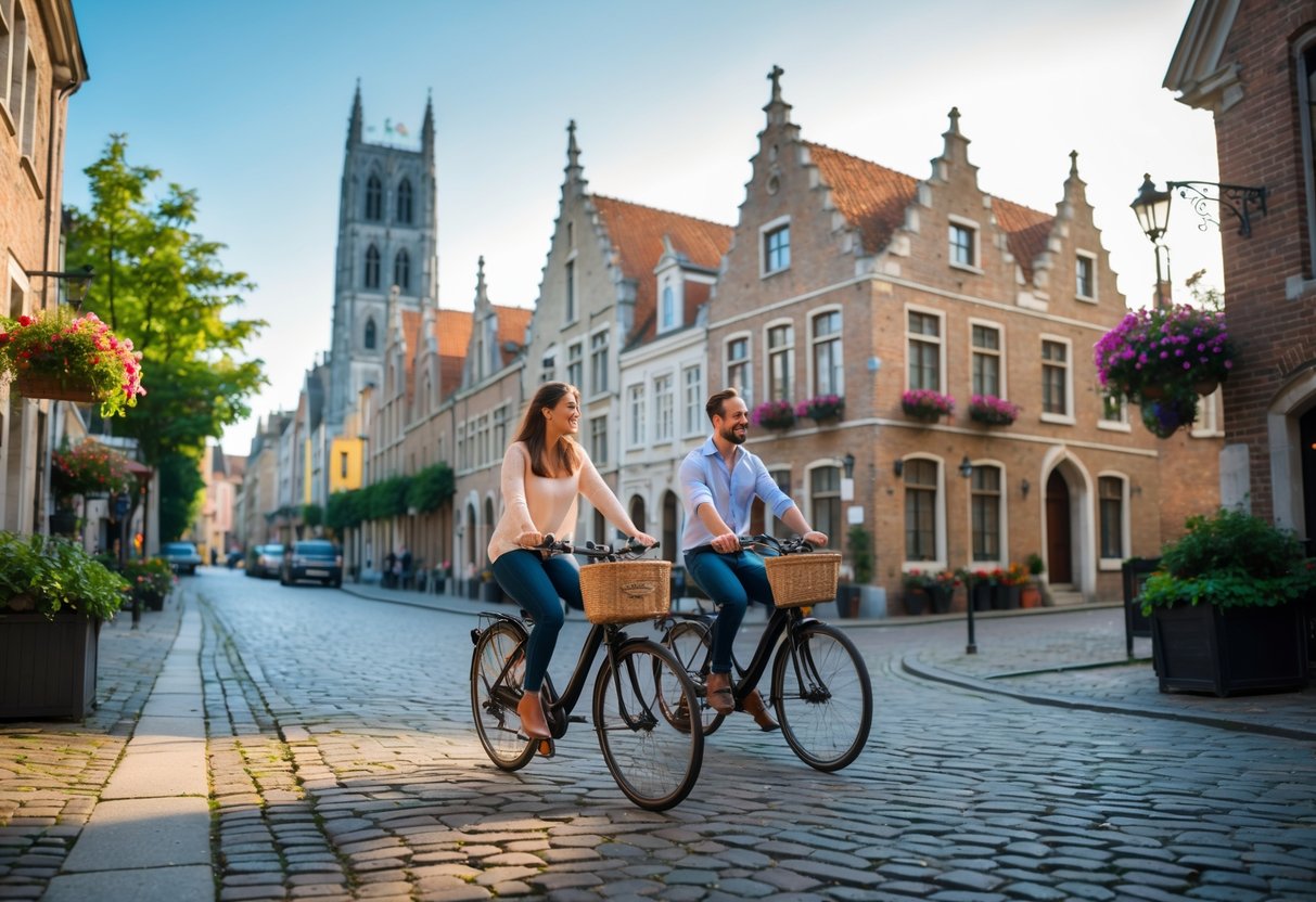 A couple riding bicycles together through a cobblestone street in Ghent's old town, surrounded by historic buildings and greenery.