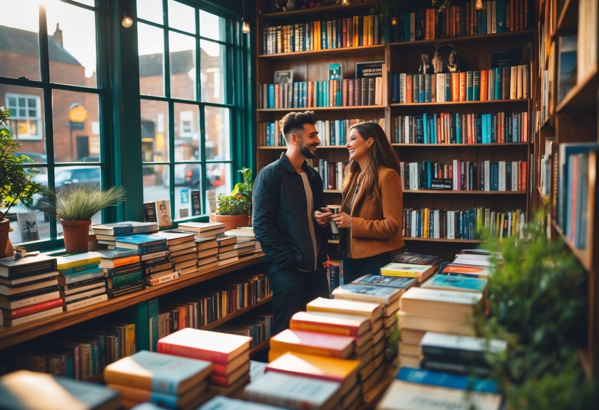 A young couple browsing books together inside a cozy independent bookstore with wooden shelves and natural light.