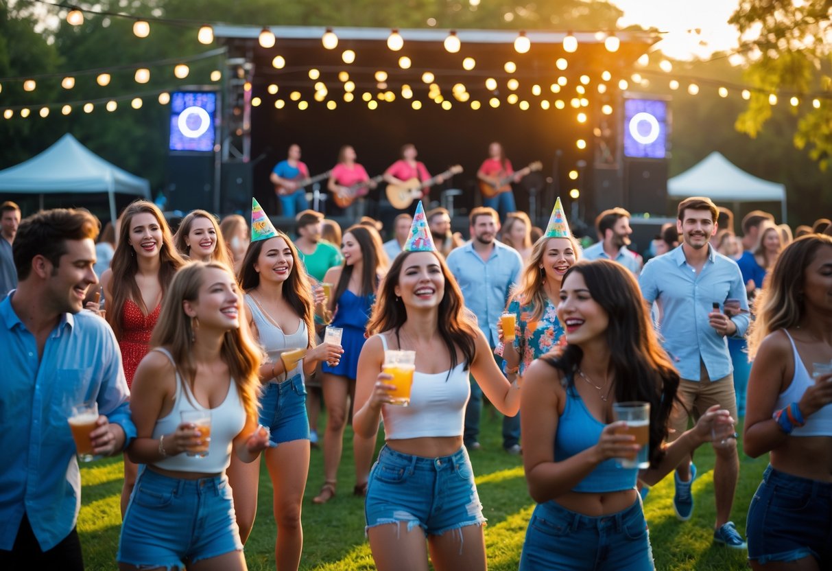 A group of people enjoying a lively outdoor concert with musicians on stage and festive decorations in a park setting.
