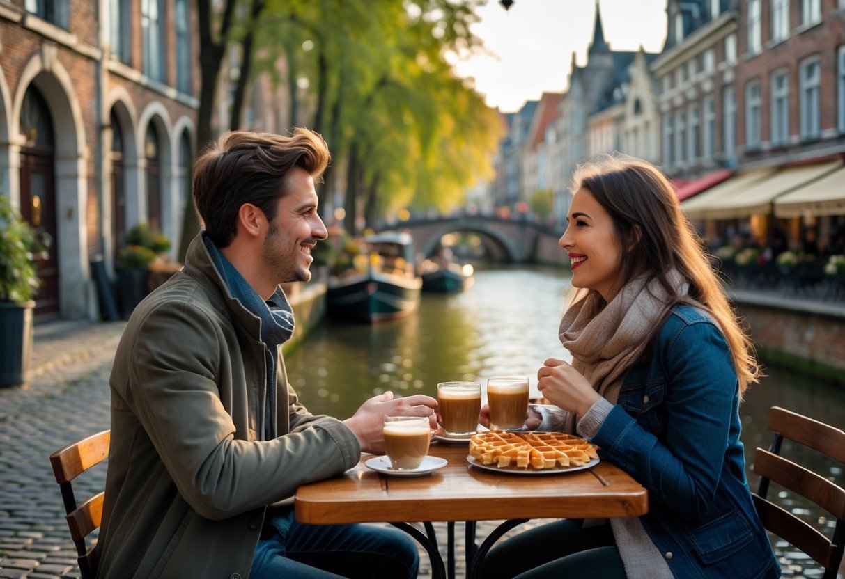 A young couple enjoying coffee and waffles at an outdoor café in a historic Belgian city with cobblestone streets and a canal nearby.