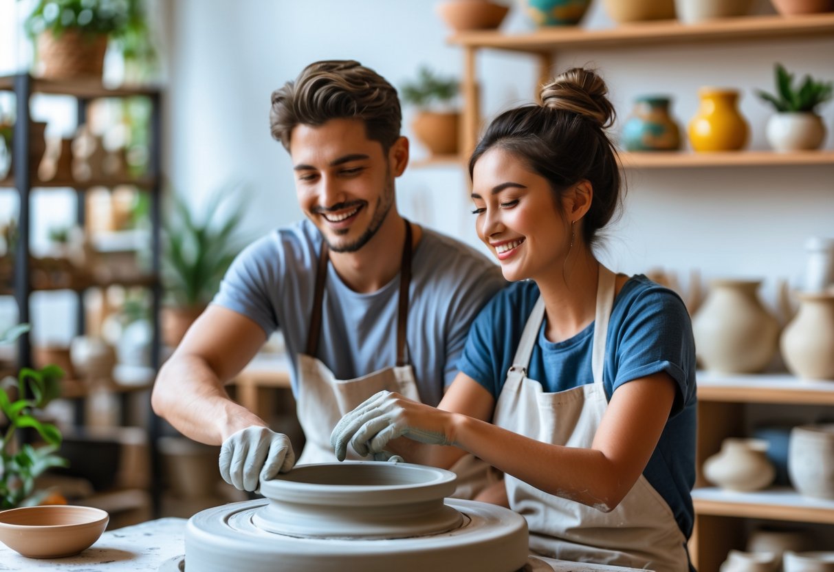 A young couple happily shaping clay together at a pottery wheel in a bright art studio.