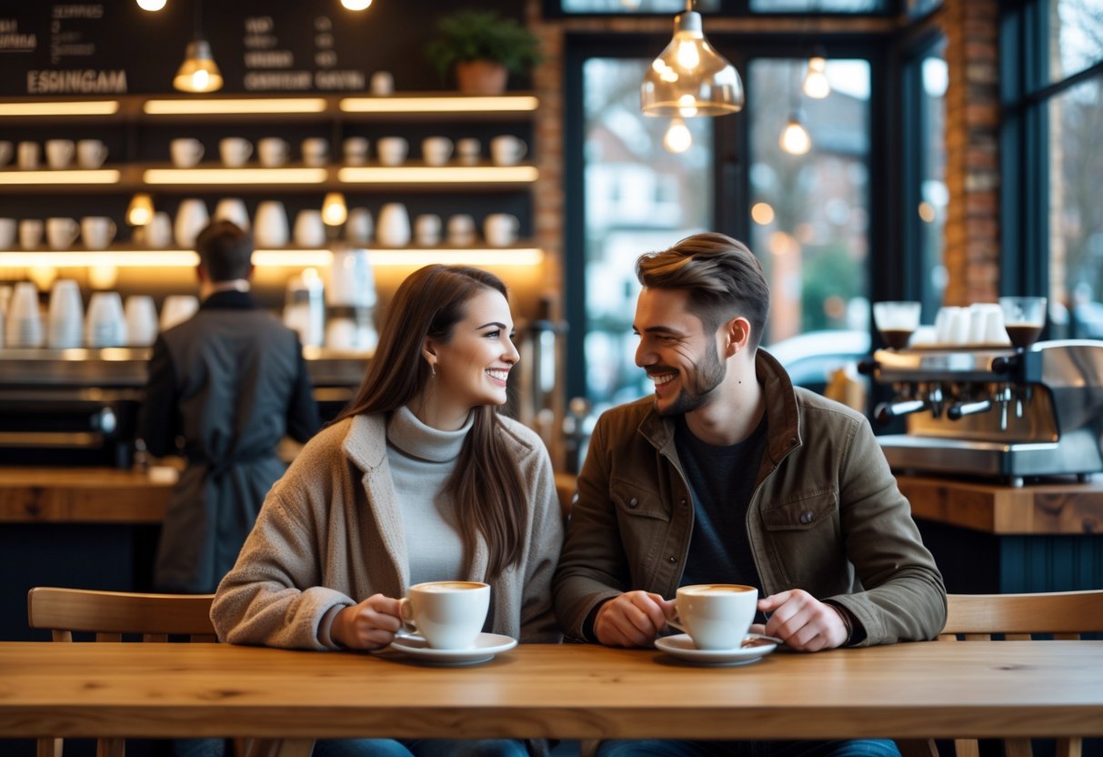 A young couple enjoying coffee together inside a cozy coffee shop with warm lighting and wooden tables.