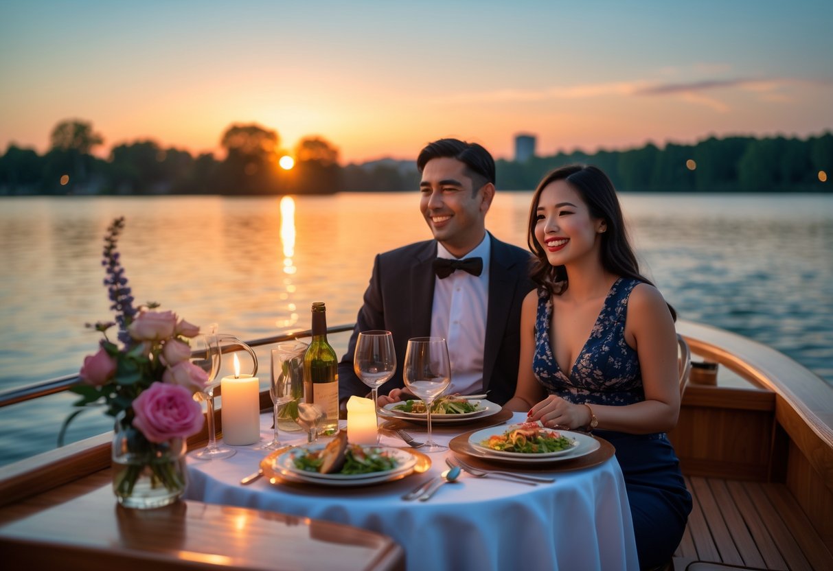 A couple enjoying a romantic dinner on a small boat cruising on a calm lake at sunset.