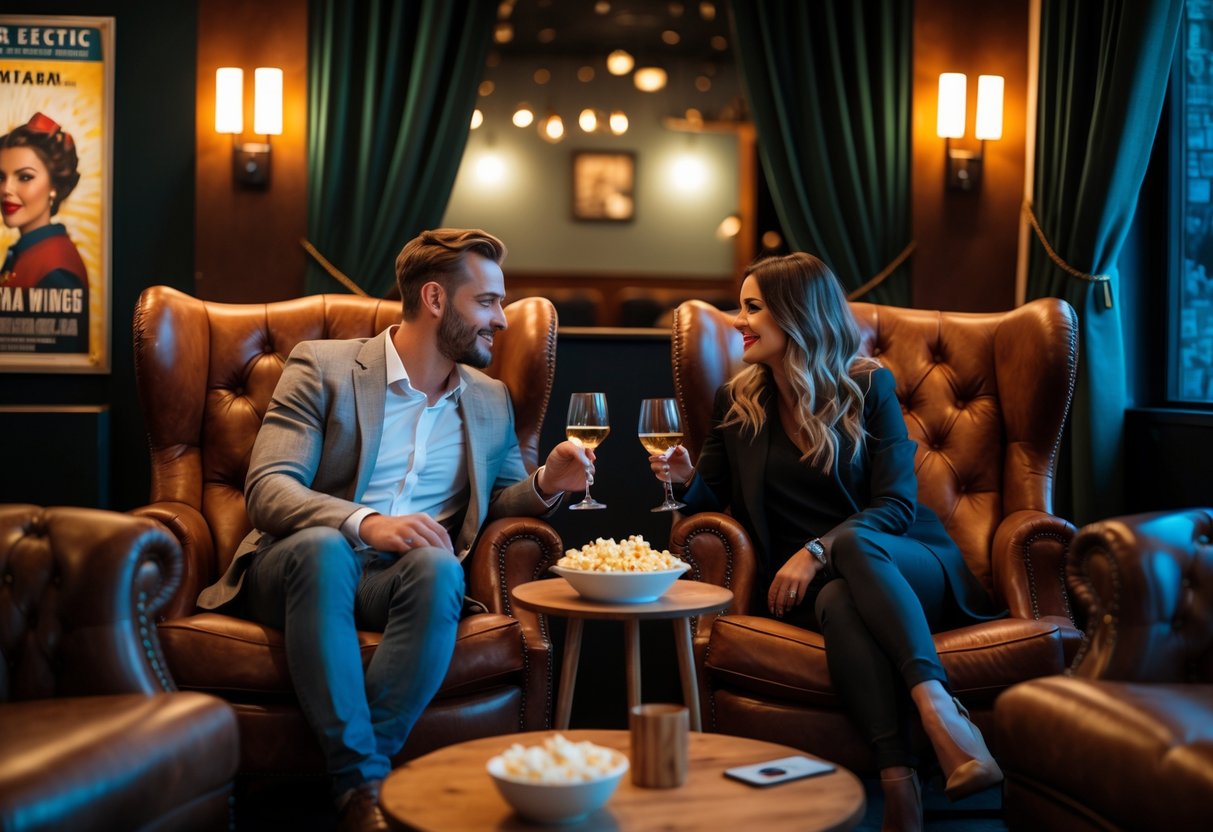 A couple enjoying a cozy movie date in a vintage-style cinema lounge with warm lighting and comfortable seating.