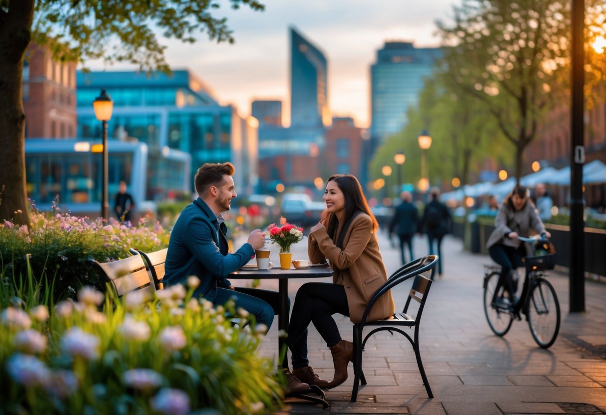 A young couple sitting at an outdoor café table near Birmingham city landmarks, smiling and enjoying a relaxed date together.