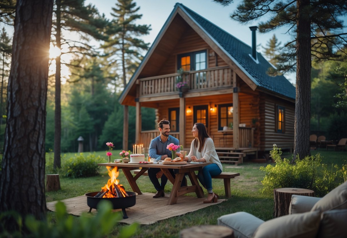 A couple having a romantic picnic outside a wooden cabin surrounded by trees and greenery.