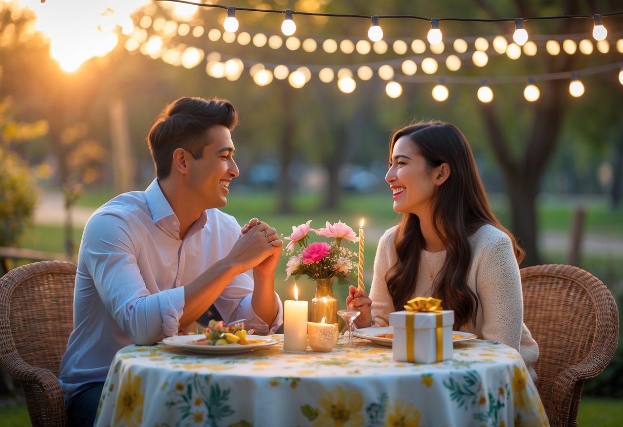 A couple sitting at a decorated outdoor table enjoying a birthday celebration during sunset.