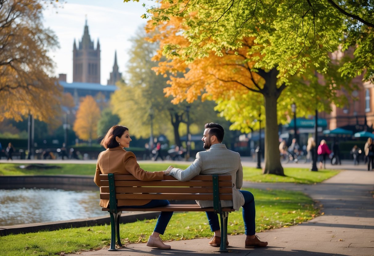 A couple sitting on a bench in a Birmingham park surrounded by colorful trees and city buildings in the background.