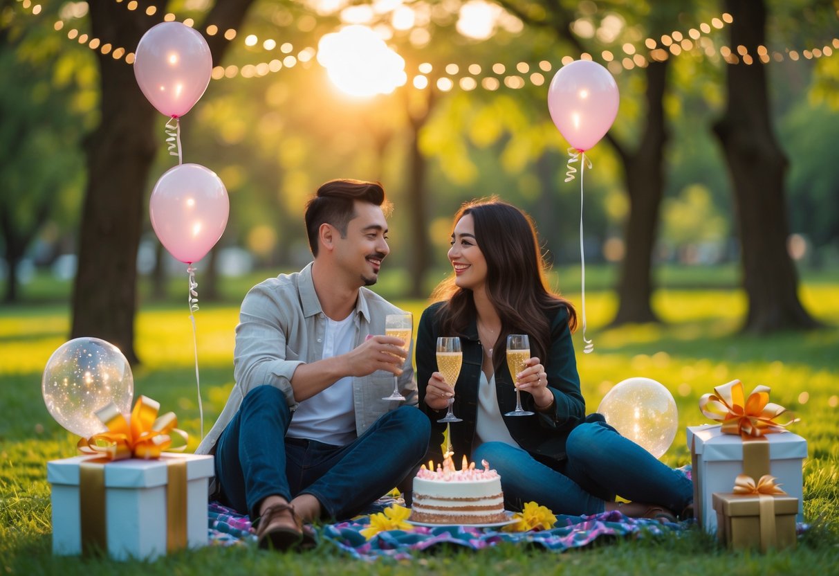 A couple enjoying a birthday picnic outdoors surrounded by balloons, a cake, and gifts in a park.