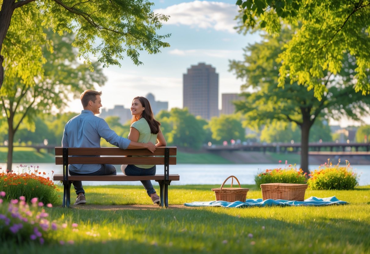A young couple sitting on a bench in a park near a river with the Bismarck skyline in the background, enjoying a sunny day together.