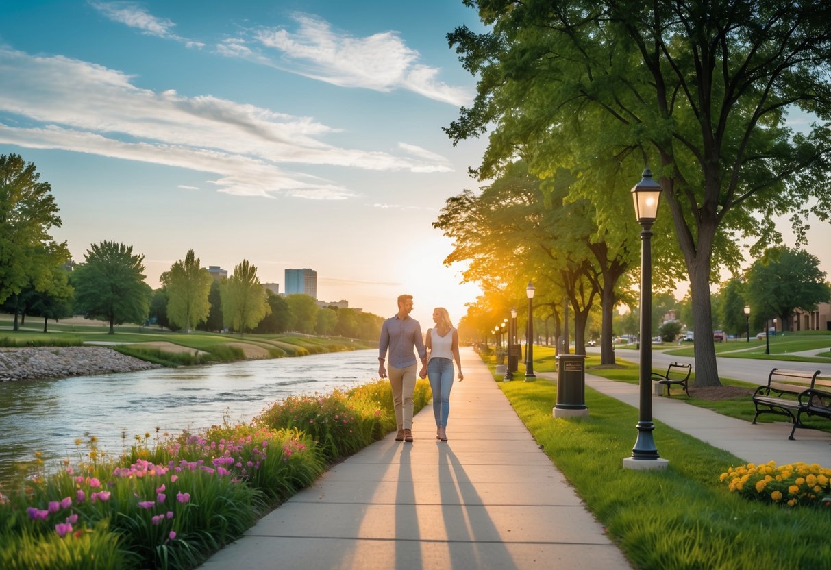 A couple walking hand-in-hand along a tree-lined path beside the Missouri River at Riverfront Park with a clear sky and city skyline in the background.