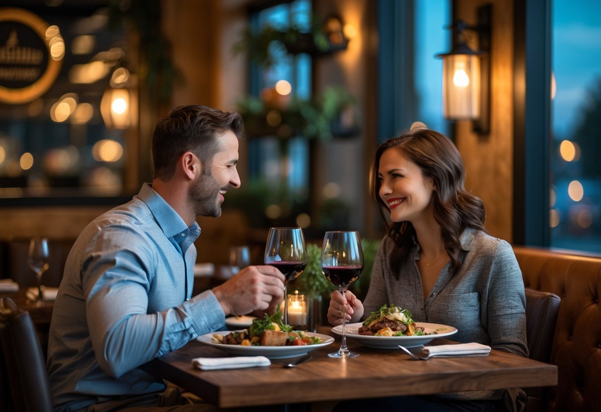 A couple enjoying a romantic dinner at a warmly lit restaurant with wooden tables and elegant decor.