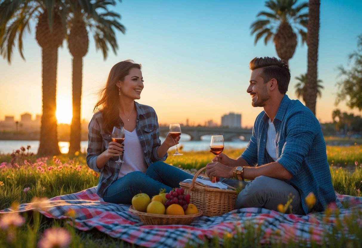 A young couple having a picnic near a river in a park with palm trees and a city skyline in the background at sunset.