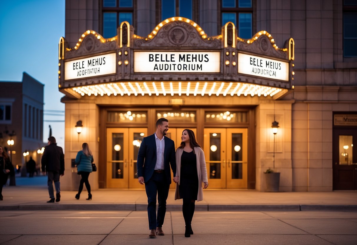 A couple walking toward the entrance of the Belle Mehus Auditorium in Bismarck during the evening.