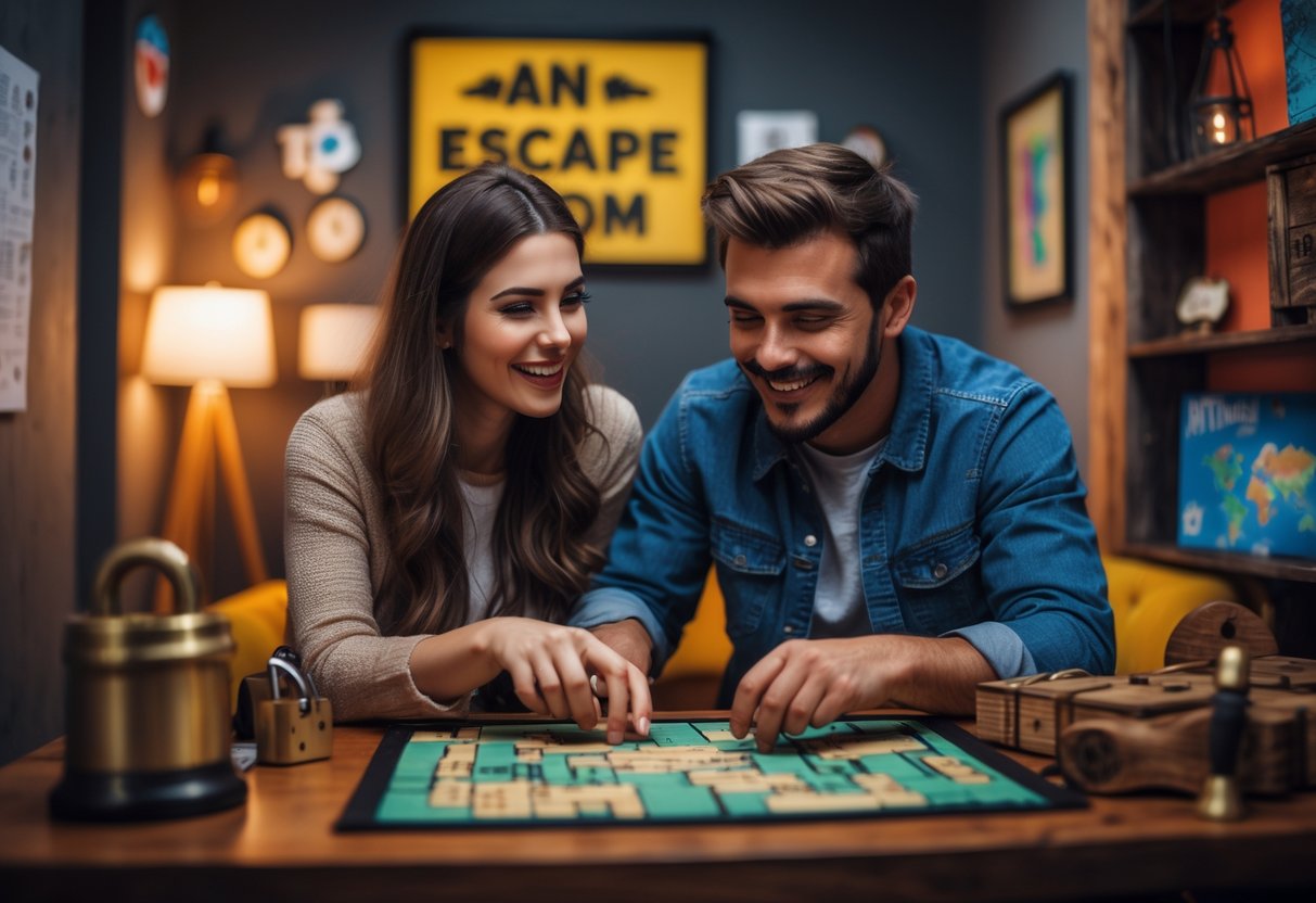 A young couple working together to solve puzzles in an escape room, smiling and focused.