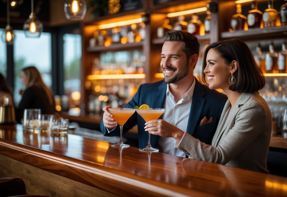 A couple enjoying cocktails together at a stylish bar with warm lighting and a stocked liquor shelf in the background.