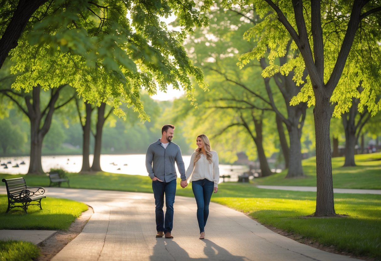 A couple walking hand-in-hand along a tree-lined path in Sertoma Park with a river visible in the background.