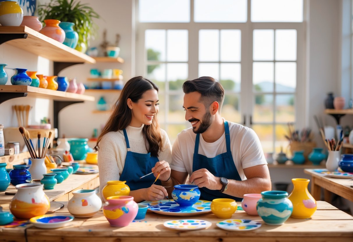A couple painting pottery together at a table inside a bright pottery studio.