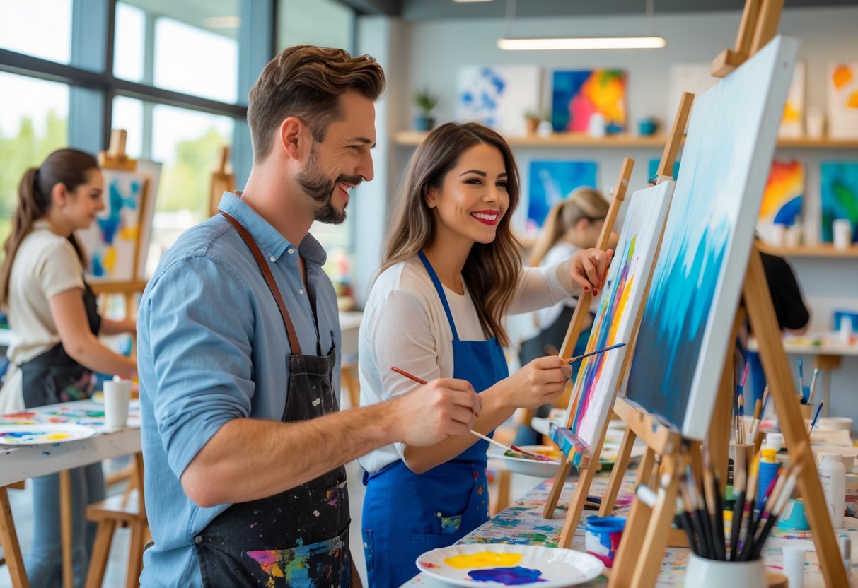 A couple painting together in an art studio, surrounded by art supplies and other students working on their paintings.
