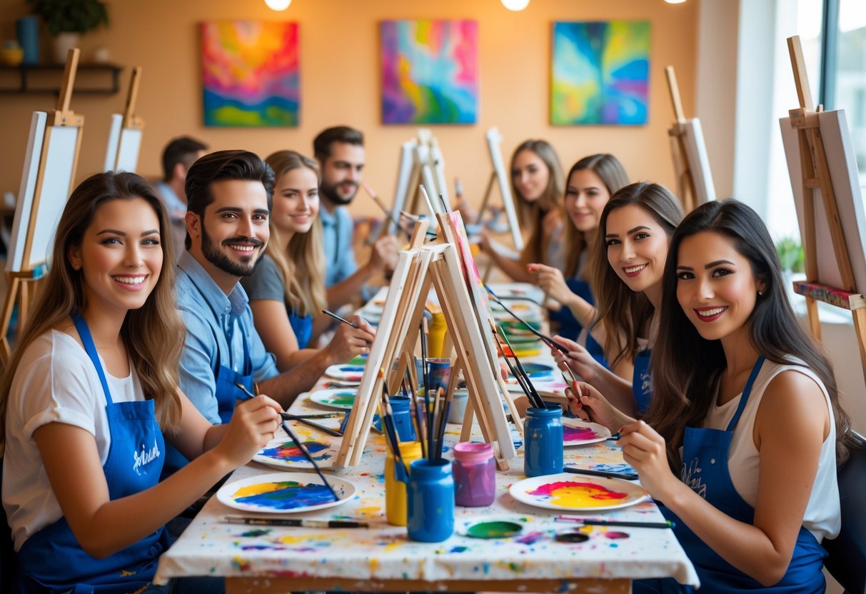 A group of young adults painting together in a bright, welcoming studio, enjoying a creative group activity.