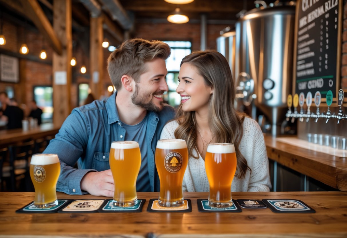 A young couple enjoying craft beers together at a wooden table inside a brewery with warm lighting and rustic decor.