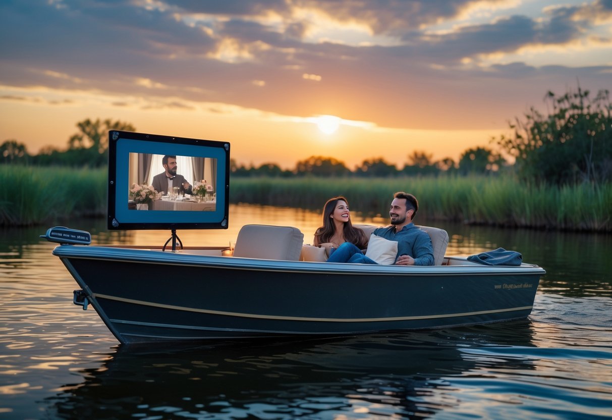 A couple watching a movie on a small boat floating on calm water at sunset surrounded by trees.